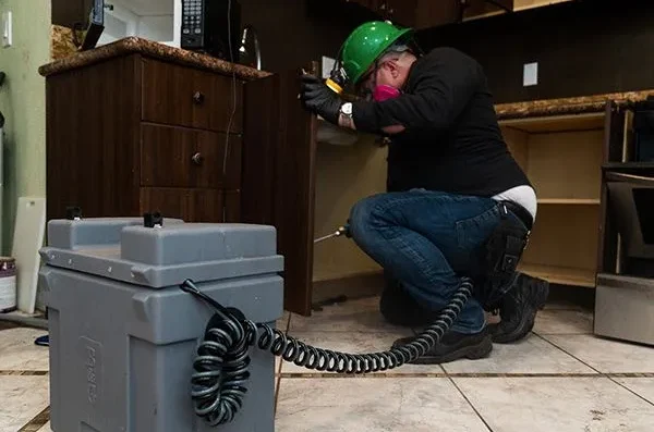 - Housecall Pro Pest control tech spraying kitchen cabinet